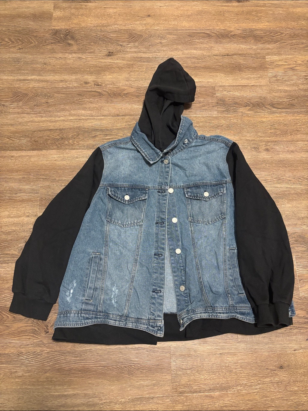 Refuge Denim Jacket With Black Sleeves And Hood